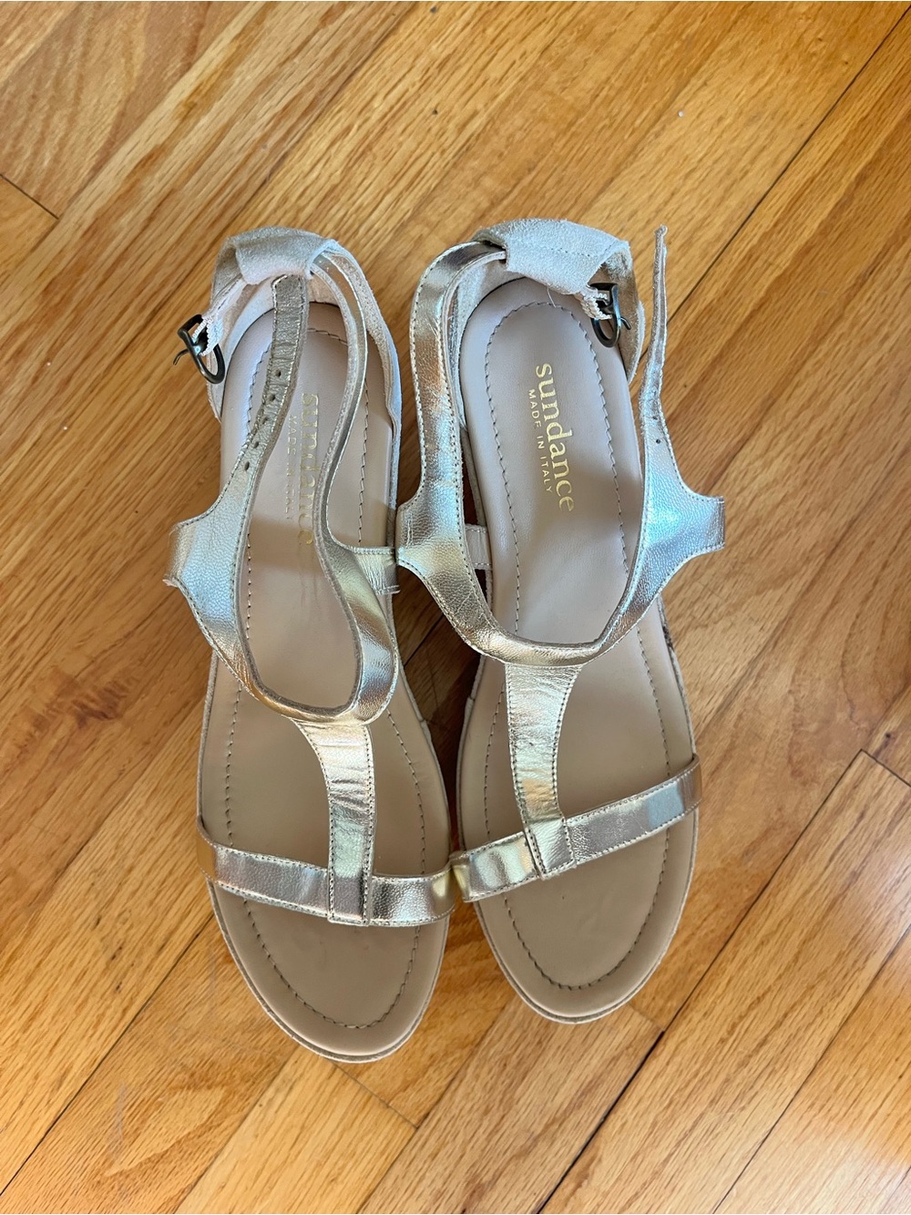 Sundance Shimmery Gold T-Strap Sandals